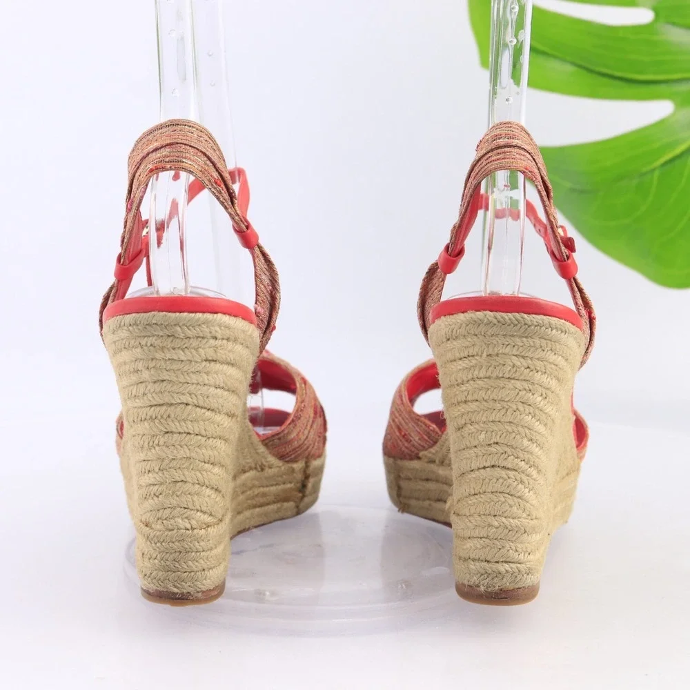 Saks Fifth Avenue Women Lillian Sandal Size 8 Red Espadrille Wedge Platform Shoe